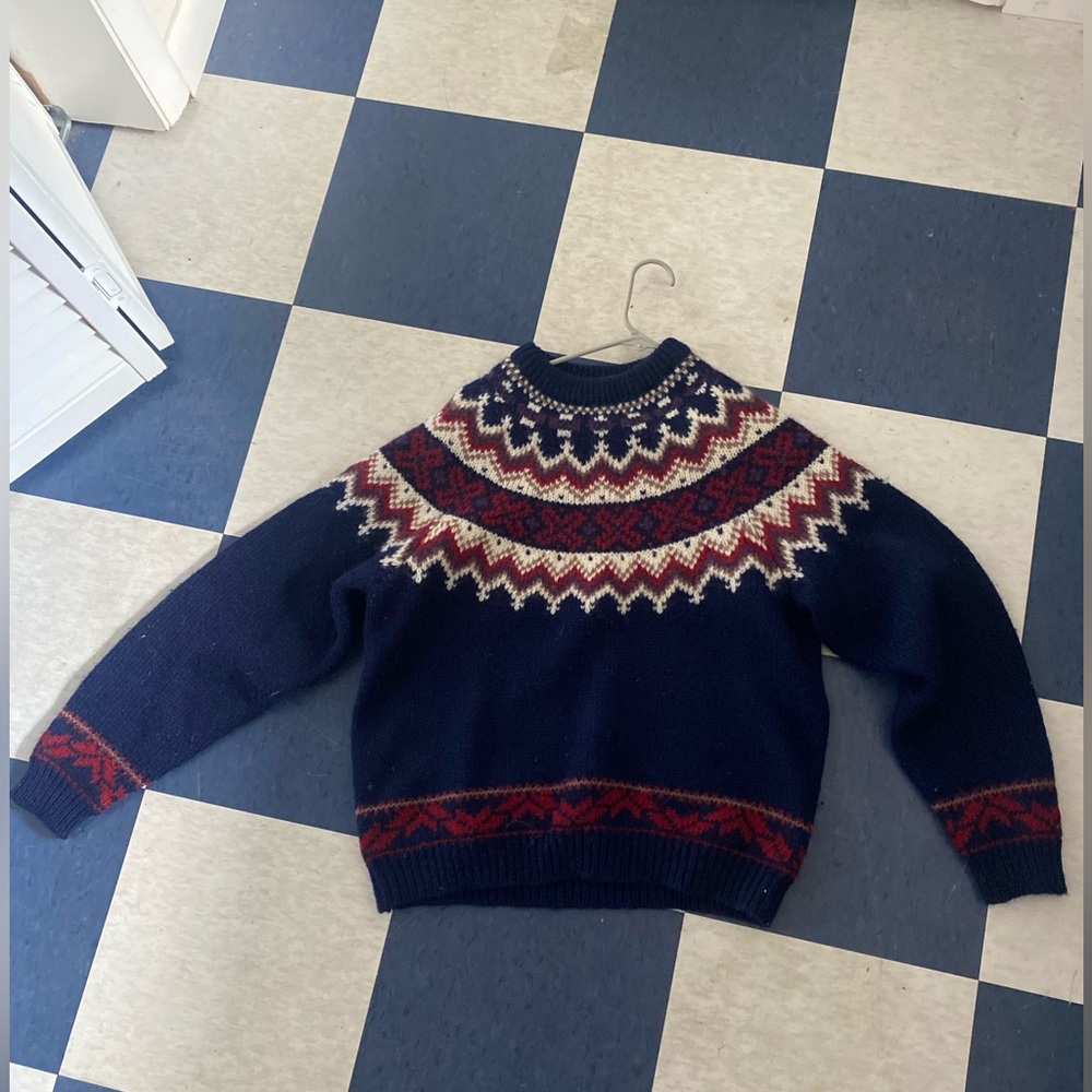 Woolrich Women’s Large Vintage Blue White Red Fair Isle 90% wool 10% Mohair